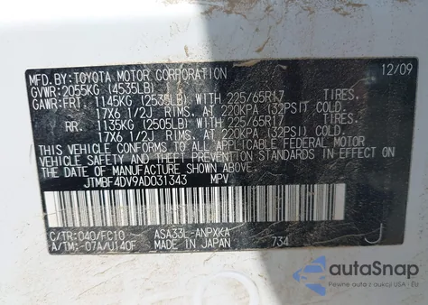 2010 Toyota Rav4 z USA, uszkodzony, nr VIN JTMBF4DV9AD031343